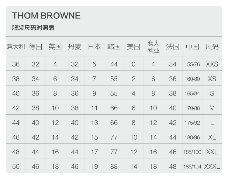 thom browne尺码对照,thom browne欧码中国码尺码对照