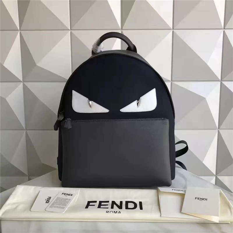 Fendi 芬迪经典小怪兽眼睛小牛皮皮革拼尼龙双肩包黑/灰- 米兰站