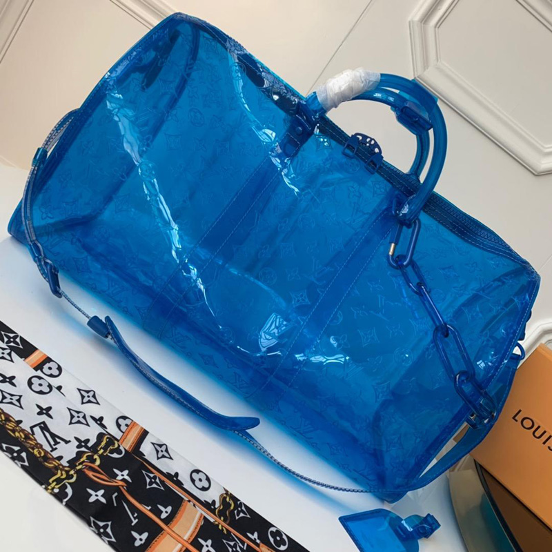 M53272 LV KEEPALL 50 旅行袋(配肩带)透明Monogram印花PVC旅行袋 蓝色
