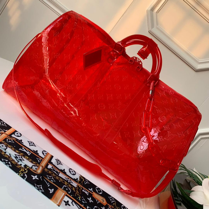 M53274 LV KEEPALL 50 旅行袋(配肩带)透明Monogram印花PVC 红色