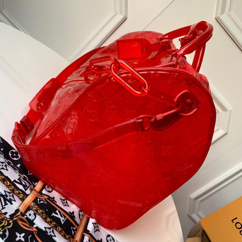 M53274 LV KEEPALL 50 旅行袋(配肩带)透明Monogram印花PVC 红色