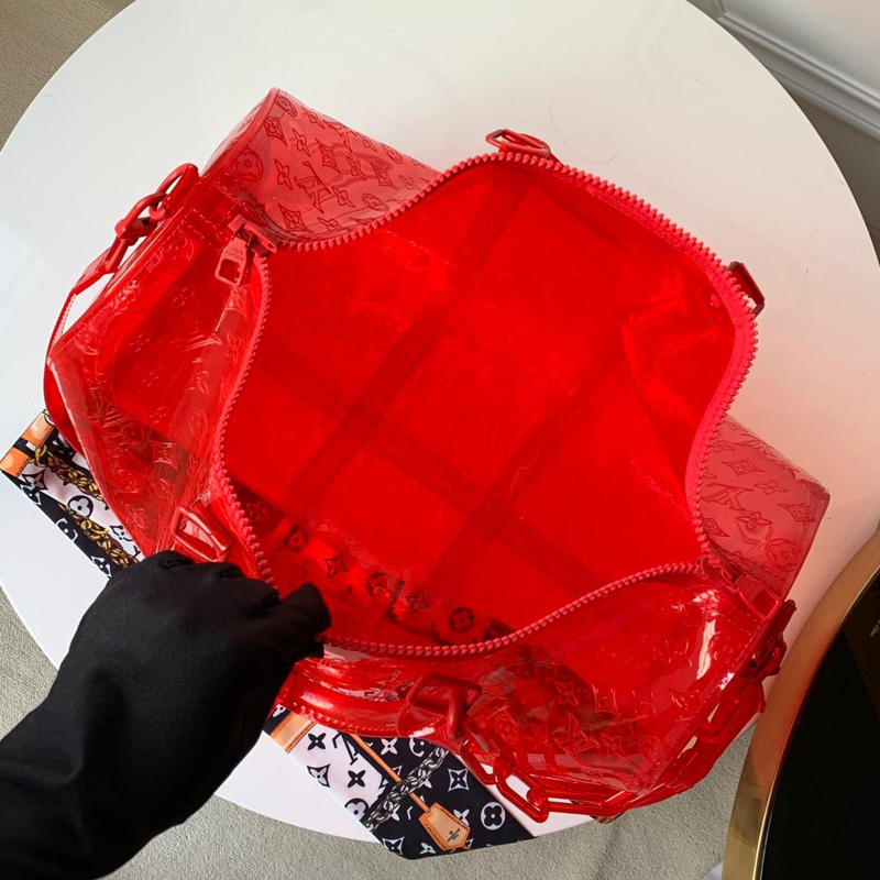 M53274 LV KEEPALL 50 旅行袋(配肩带)透明Monogram印花PVC 红色