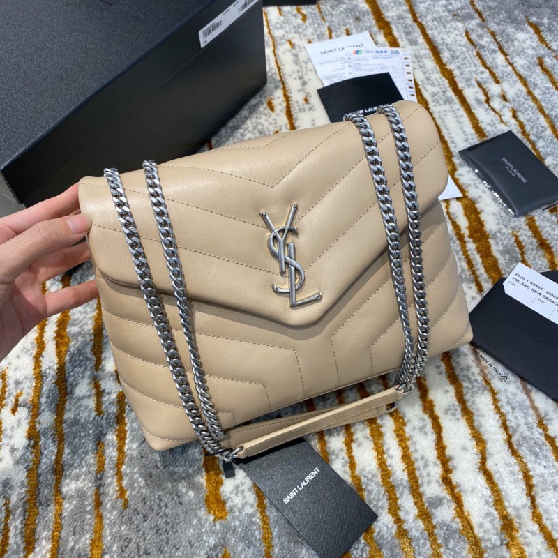 494699 YSL圣罗兰Saint Laurent LOULOU小号“Y”型绗缝皮革手袋杏色银扣