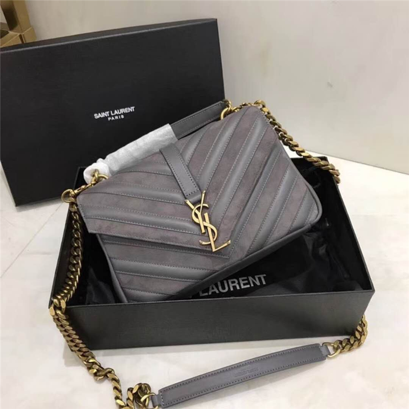 392737 YSL圣罗兰麂皮拼羊皮V纹中号链条邮差包灰色- 米兰站