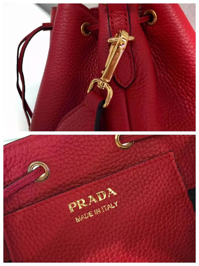 1BE018 Prada女包小牛皮鹿皮纹普拉达手提包抽绳水桶包Prada肩包