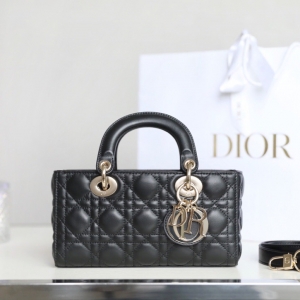 M0613 迪奥Dior Lady D-Joy 小号手袋横版戴妃包 羊皮革藤格纹 黑色